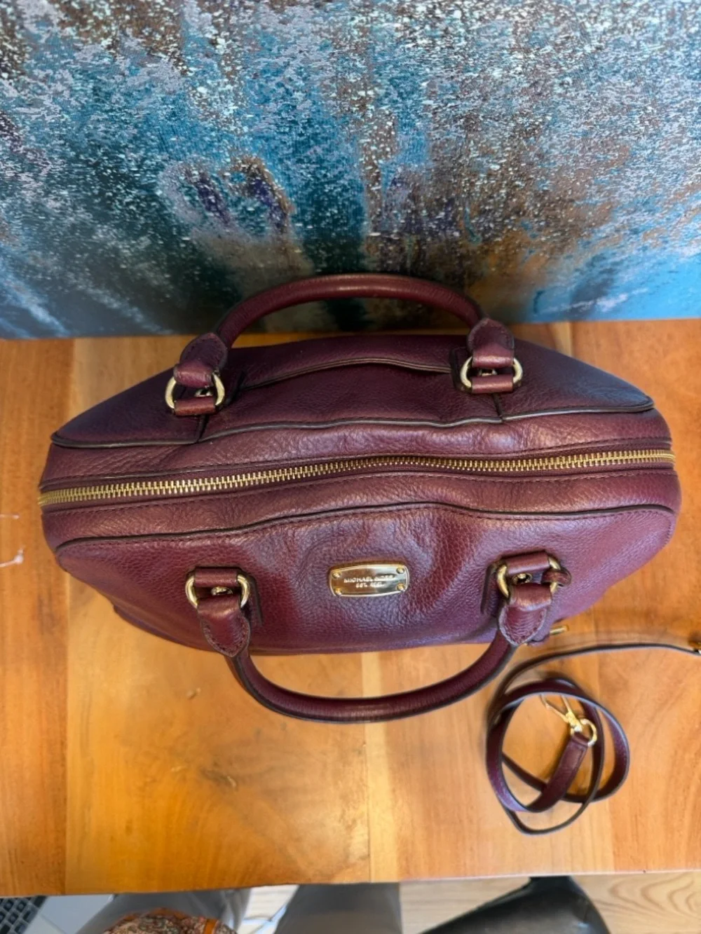 Michael Michael Kors Y2K Pebbled Leather Satchel Crossbody Purple/Gold (GUC) - Picture 12 of 17